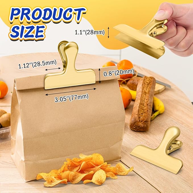 VNDUEEY 12 Pack Chip Clips, Stainless Steel Bag Clips for Food - Keep Snacks Fresh, Strong Grip Chip Clip Bag Clip, Perfect for Kitchen and Office Supplies -3 Inches, Gold