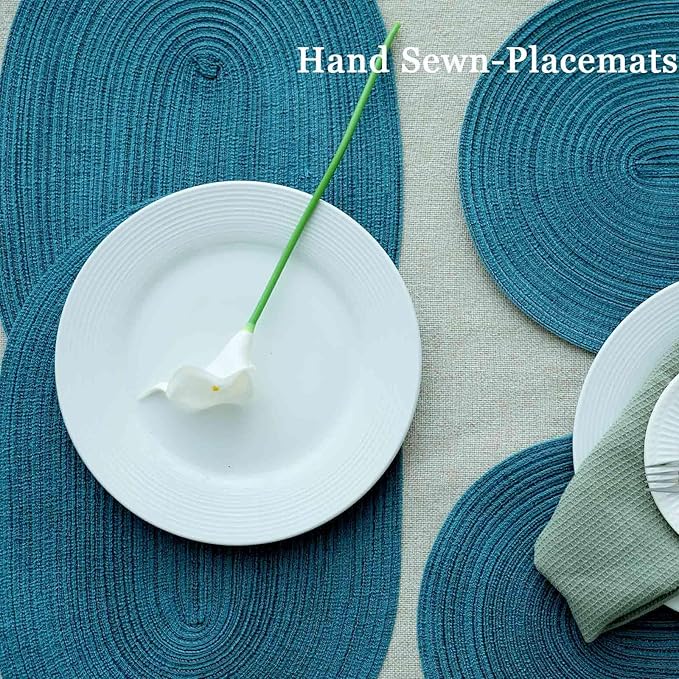 Noctiflorous Oval Braided Placemats Set of 4 Woven 12x18 Inch Non Slip Washable Heat Resistant Place Mats Tablemats for Dining Kitchen Party Daily Table Decor Dinner Mats (Teal Blue, 4)