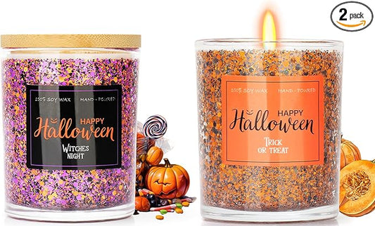 Halloween Gifts for Women - 2 Pack Pumpkin Candy Scented Candle Set, Boo Basket Stuffers, Nightmare Christmas Decor, Birthday Decorations Indoor