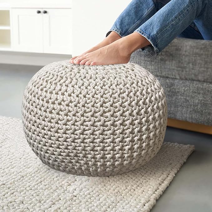 Chardin home- Crochet Ivory Pouf - Cozy & Bohemian, Recycled Cotton, Hand Crafted Casual Seating/Ottoman for Home, Office, Bedroom, 18"x18"x14".