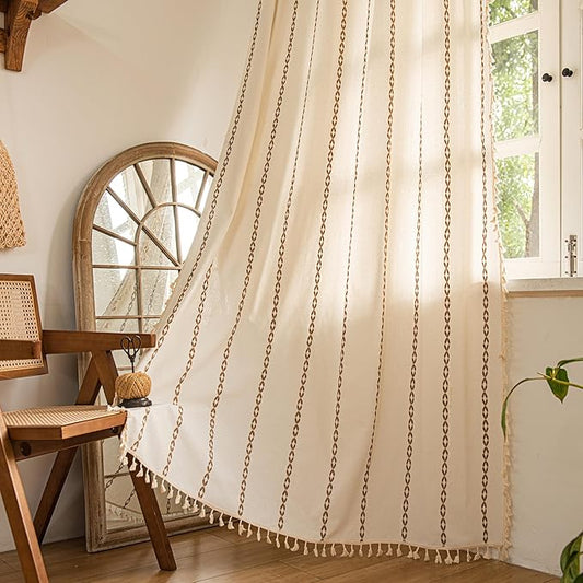 Sutuo Home Boho Curtains for Bedroom Living Room 96 Inches Long, Bohemian Drape Privacy Country Rustic Semi Blackout Farmhouse for House Decor Rod Pocket, 1 Panel W52 x L96 White and Coffee