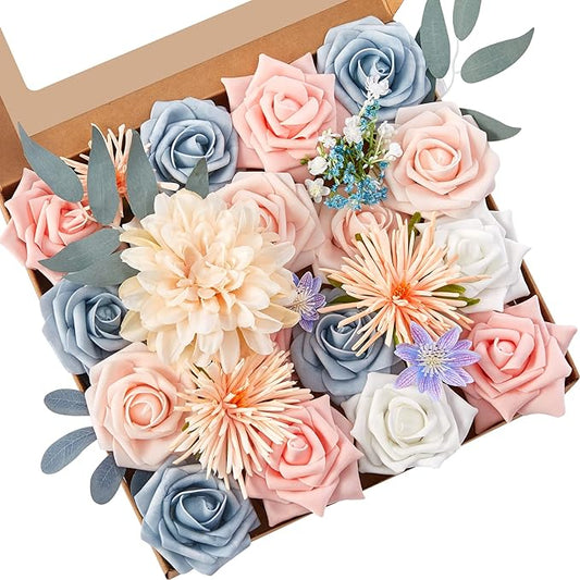 Serwalin Artificial Flowers, Blue Pink Wedding Flowers Fake Silk Flowers for DIY Wedding Bridal Bouquets Arrangements Baby Shower Home Cake Decor