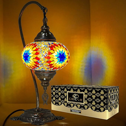 CHICON Handmade Mosaic Tiffany Boho Lamp | Genuine Glass Mosaic | A Piece of Art in Unique Moroccan Bohemian Small Table Lamp - SWAN Fire Orange