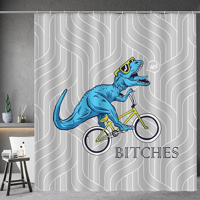 Aimego Extra Long Shower Curtain - Funny Cute Blue Dinosaur Ride A Bike Fun Dino Fabric Cloth Bath Shower Curtain Set with 12 Hooks for Bathroom Decor Accessories Bathtub Curtain, 72"x84"