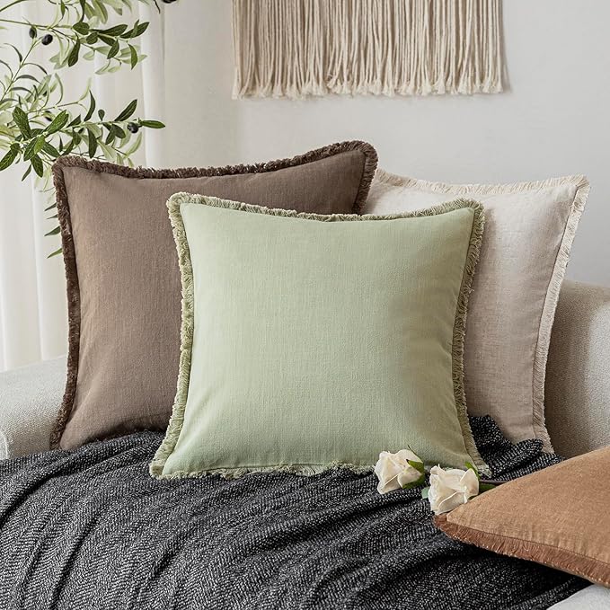 Foindtower Set of 2 Decorative Linen Fringe Throw Pillow Covers Farmhouse Cushion Cover with Tassels Lumbar Accent Pillowcase for Couch Bed Living Room Home Bedroom Decor,12×24 Inch,Light Sage Green
