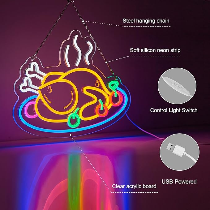 Grilled Chicken Neon Sign for Wall Décor Dimmable Roast Chicken Shop LED Light USB Powered Flame Neon Art Signs Decor