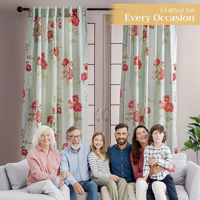 Maison d' Hermine Curtains for Living Room 100% Cotton 124 inch Length Two Panels Light Filtering Curtains for Bedroom Windows with Rod and Loop Pockets Drapes (Villette Aqua, 50" W x 124" L)