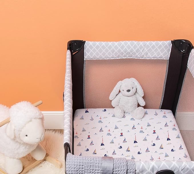 TotAha Premium Stretchy Pack N Play Playard Sheets | Mini Crib Sheets (2-Pack)-Hypoallergenic, Silky Comfort, Buttery Soft, Calming Effect, All-Season Jersey-Knit Sheets 38 X 24 (Balloon & Sailboat)