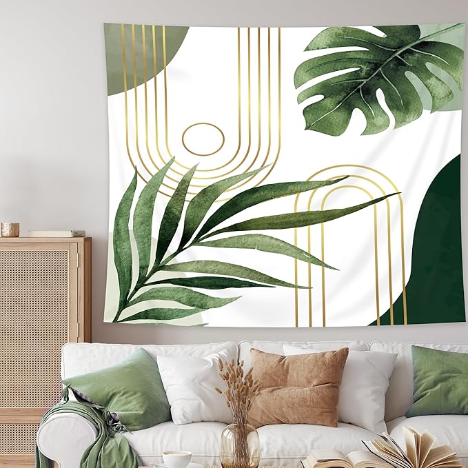 KOMLLEX Abstract Boho Mid Century Tapestry Tropical Leaves Modern Geometric Arch Minimalist Bohemian Plant Botanical Aesthetic Wall Hanging Neutral Sage Green Gold Home Decor Art for Bedroom 78Wx59H