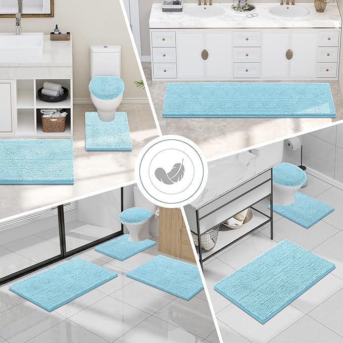 Smiry Luxury Chenille Bathroom Rugs 40x32, Extra Soft and Absorbent Shaggy Bath Mat, Machine Washable, Non-Slip Plush Carpet Runner for Tub, Shower, and Floor, Home Decor Accessories, Sky Blue