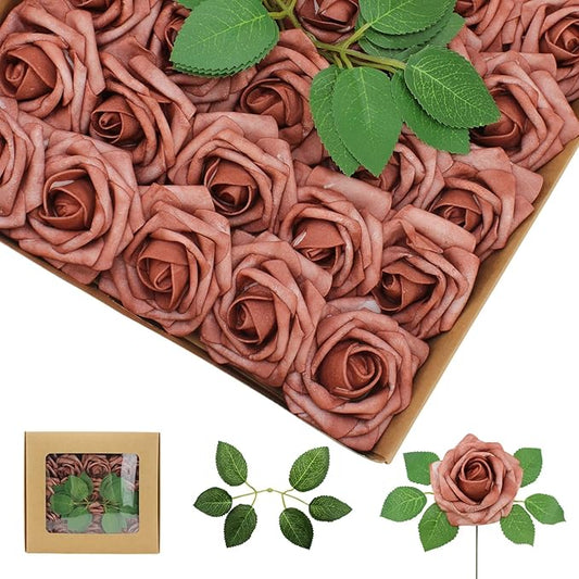 100PCS Warm Taupe Artificial Flowers Roses Real Looking Foam Fake Roses with Leaves for DIY Wedding Bouquets Bridal Shower Party Decorations (Warm Taupe, 100)
