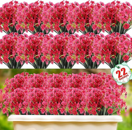 22 Bundles Artificial Flowers Outdoor, Faux Flowers UV Resistant with Plastic Plants, Faux Silk Flowers for Outdoors Outside Front Porch Hanging Planter Window Box Garden Decoration(Rose Red)