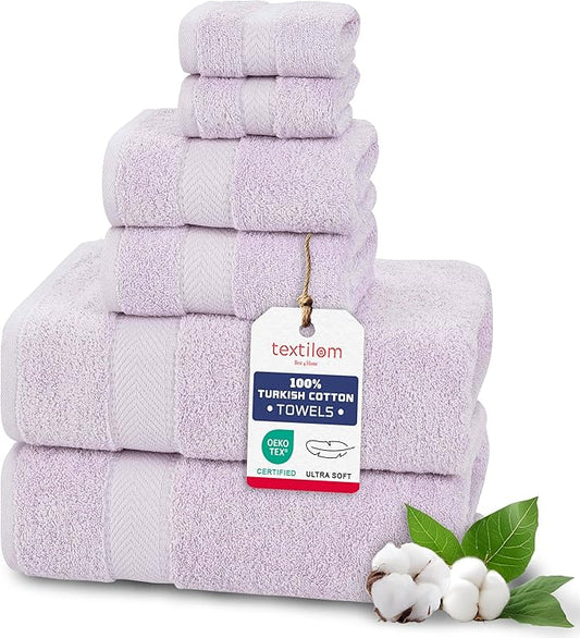 TEXTILOM 6 Pcs Bath Towel Set – Hotel and Spa Quality & Soft & Absorbent & Quick Dry Bath Towels for Bathroom –100% Turkish Cotton Bathroom Towels Set (2 Bath Towels,2 Hand Towels,2 Washcloths)-Lilac