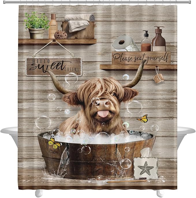 Farmhouse Highland Cow Shower Curtain Funny Western Farm Animal Bull Shower Curtains for Bathroom Decor Waterproof Polyester Fabric Country Cattle Bathroom Curtain with Hooks 66x72 Inch