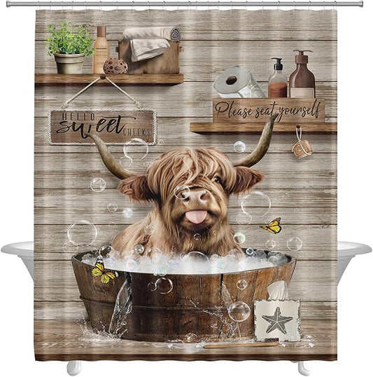 Farmhouse Highland Cow Shower Curtain Funny Western Farm Animal Bull Shower Curtains for Bathroom Decor Waterproof Polyester Fabric Country Cattle Bathroom Curtain with Hooks 66x72 Inch