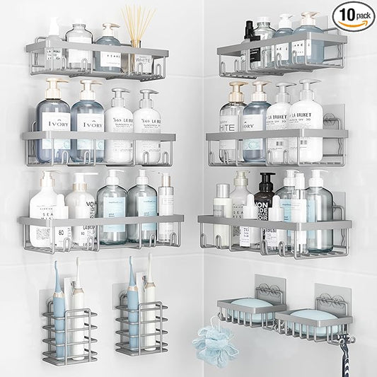 10 Pack Shower Caddy Organizer Rack Shelf for Inside Shower, Self Adhesive Wall Storage Basket Rustproof Stainless Steel Shampoo Holder Bathroom Accessory Decor Set, Grey