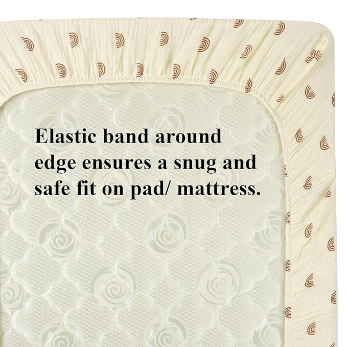 Muslin Pack and Play Sheets 30" x 43" Compatible with 4moms Breeze Plus Playard & Breeze Go Playard and Other Large Playpen Mattress, 100% Cotton 2 Pack, Natural and Rainbow