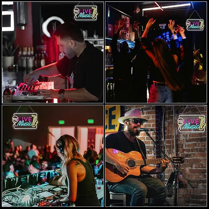 Live Music Neon Sign Bright LED Wall Decoration for Music Venues, Bars, Clubs or Homes, USB Power Adjustable Brightness, Classic Song Theme Decoration