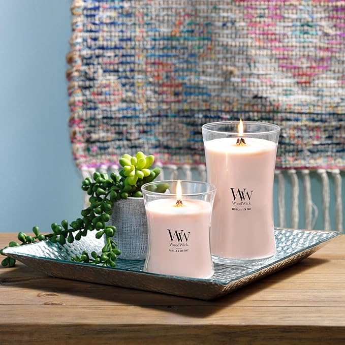 WoodWick Vanilla Sea Salt Scented Medium Hourglass Candle, Crackles as it burns, Ideal for gifting or home décor, 9.7oz
