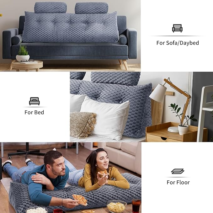 Wedge Headboard Pillow - Bed Wedge Pillow for Headboard Triangular Headboard Pillow with Neck Roll Pillow-Large Bolster Pillow for Sitting in Bed Backrest Positioning Support (Grey,54x8x20 Inches)