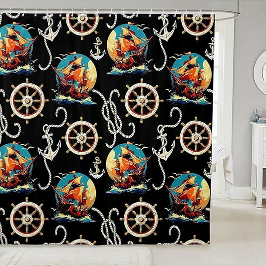 Feelyou Pirate Ship Shower Curtain Ocean Sailing Themed Fabric Shower Curtain for Kids Boys Girls Anchor and Rudder Bathroom Waterproof Accessories with 12 Hooks Black Curtains,72X78 Inches
