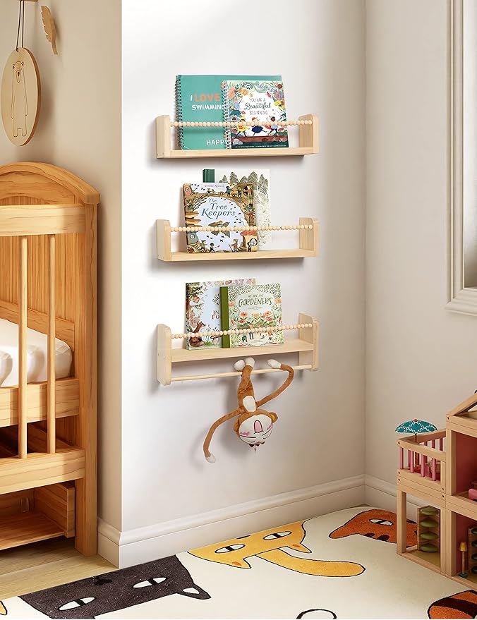 Nursery Floating Shelves for Wall, Set of 3 Book Shelves Natural Wood Wall Mounted Organizer with Towel Bar Hanging Bookshelves Nursery Decor for Kids Room, Bedroom and Kitchen