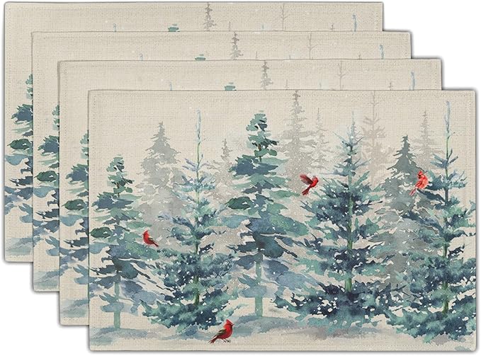 Winter Forest Tree Placemats Set of 4，Pine Tree Christmas Red Bird Heat Resistant Non Slip Place Mats Cotton Linen Tablemats for Dining Table Kitchen Decor 18 x 12 Inch