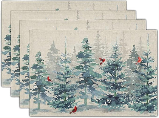 Winter Forest Tree Placemats Set of 4，Pine Tree Christmas Red Bird Heat Resistant Non Slip Place Mats Cotton Linen Tablemats for Dining Table Kitchen Decor 18 x 12 Inch