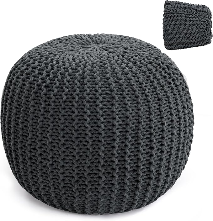 HOMBYS Unstuffed Ottoman Pouf Cover, 100% Cotton Handmade Knitted Ottoman Pouf Cover Round Foot Stool, Floor Bean Bag Chair, Foot Rest with Storage for Living Room Bedroom, Grey(Cover ONLY NO Filler)
