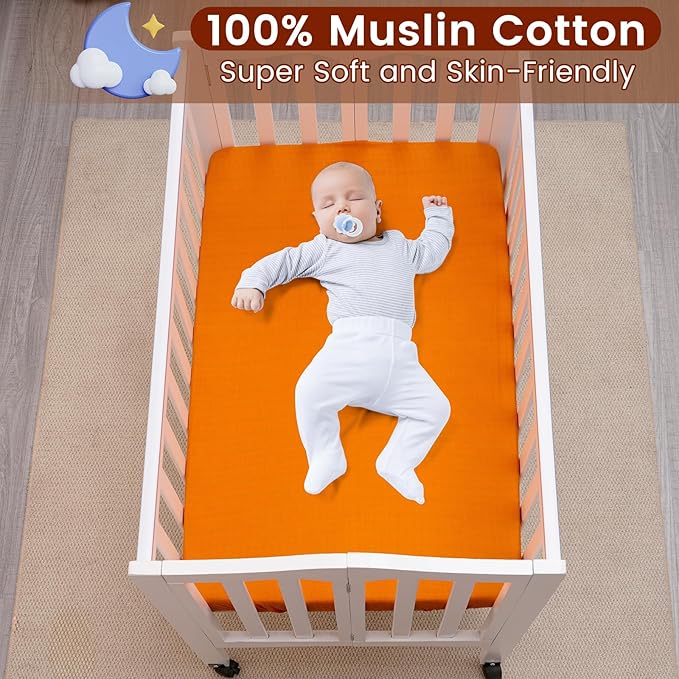 Muslin Mini Crib Sheets, 2 Pack Cotton Pack N Play Sheets for Boys Girls Neutral, Soft Breathable Baby Sheets Fit Pack N Play, Playard and Mini Crib Mattresses, Beige & Ginger