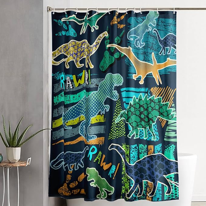 AILONEN Boys Dinosaur Shower Curtain 72" W*84" H for Bathroom,Cartoon Dinosaur Bathroom Shower for Kids Boys,Retro Blue Dinosaur Print Bath Curtain Polyester Waterproof Bathroom Curtain with 12 Hooks