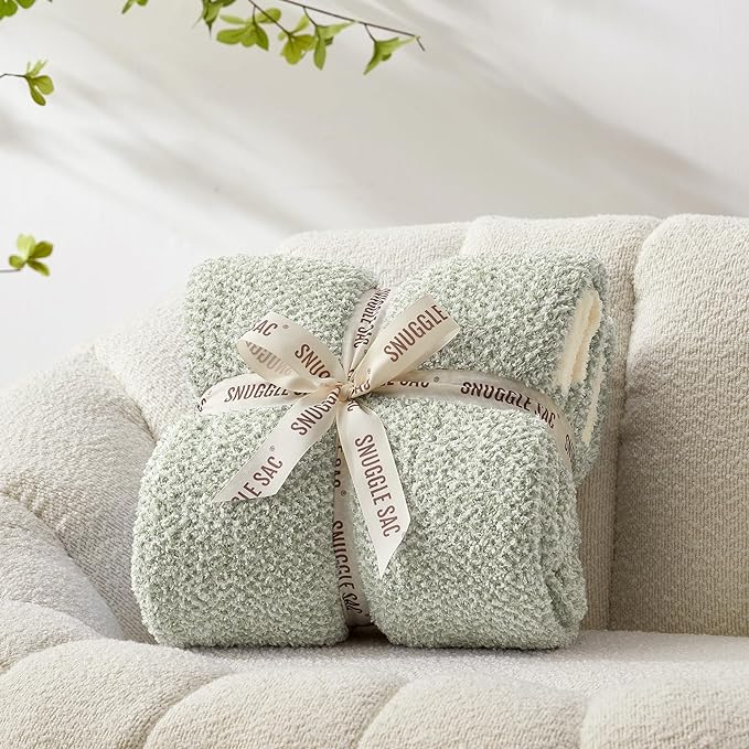Snuggle Sac Heather Sage Green Blanket for Couch, Reversible Super Soft Knitted Blankets Warm Cozy Fuzzy Plush Throw Blankets for Sofa, Bed, Camping, Sage Green, 60x80 inches