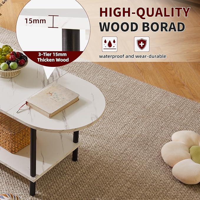 2 Tier Coffee Table with Open Storage Shelf, Oval Wood Tea Table 17 inch high, Small Table for Small Space Apartment White Faux Marble + Black YD-011M