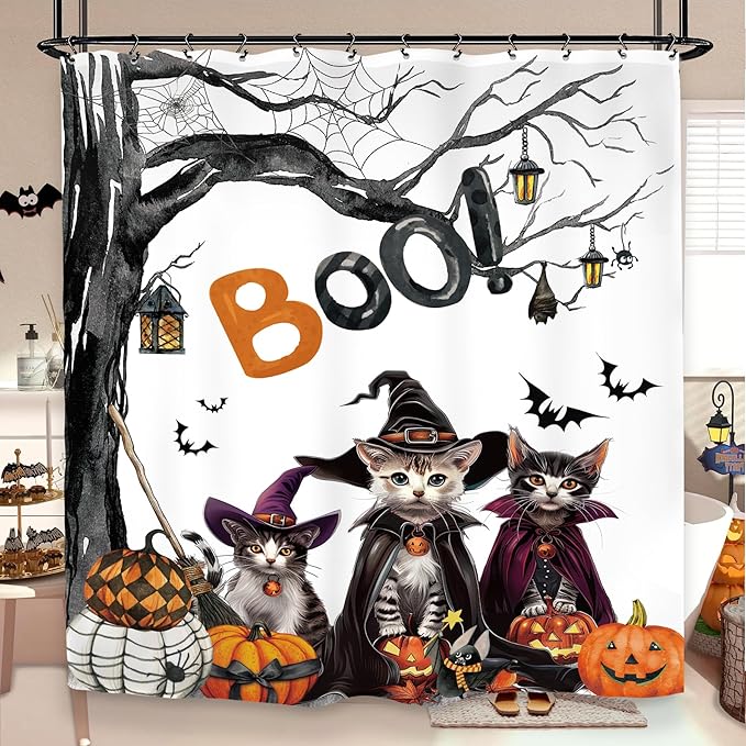 Halloween Cat Gothic Shower Curtain 60Wx72L Inch Pumpkin Horror Spider Bat Scary Spooky Witchy Animal Bathroom Set Accessories Decor with 12 Pack Hooks