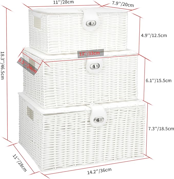 Honygebia White Wicker Storage Baskets - Set of 3 Decorative Nesting Boxes with Lids, Woven Basket with Lock & Handle, Organizer for Beauty Makeup Bathroom Decor
