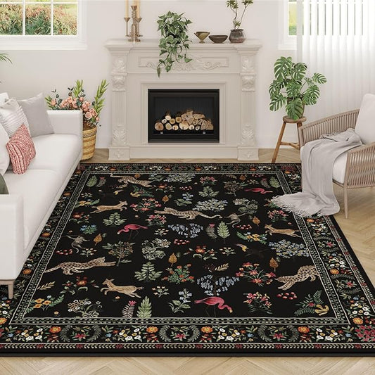 Area Rugs 8x10 Rug for Living Room Clearance Washable Boho Area Rug Non Slip Floral Animal Vintage Low Pile Large Rug for Living Room, Bedroom, Farmhouse, Dining Room, Kids Playroom (Black)