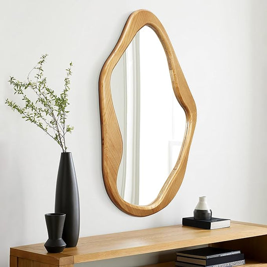 LuxenHome Asymmetrical Wall Mirror with Natural Pine Wood Frame,Irregular Wall Mirror for Living Room,Entryway,Bedroom,Decorative Mirror,Bathroom Mirror, Wood Wall Mounted Mirror