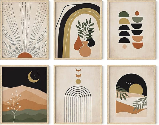HAUS AND HUES Boho Prints Neutral Wall Art - Set of 6 Boho Mid Century Modern Wall Art, Aesthetic Prints for Wall Decor and Mid-Century Modern Artwork (Beige Frame, 8x10)