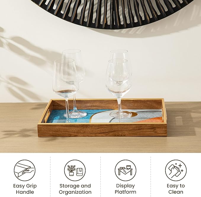 Glitzhome Serving Tray with Handles, Set of 2 Rectangle Wooden & Plastic Abstract Decorative Trays Storage Tray for Living Room Ottoman Coffee Table Parties Supplies, 17.5" x12.5" and 15.75" x 9.75"
