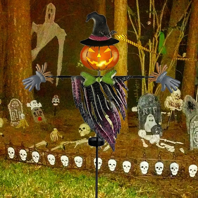 Solar Halloween Yard Decorations, Outdoor LED Solar Powered Pumpkin Ghost Stakes Halloween Outdoor Decorations, Metal Garden Stakes Lawn Yard Ornament