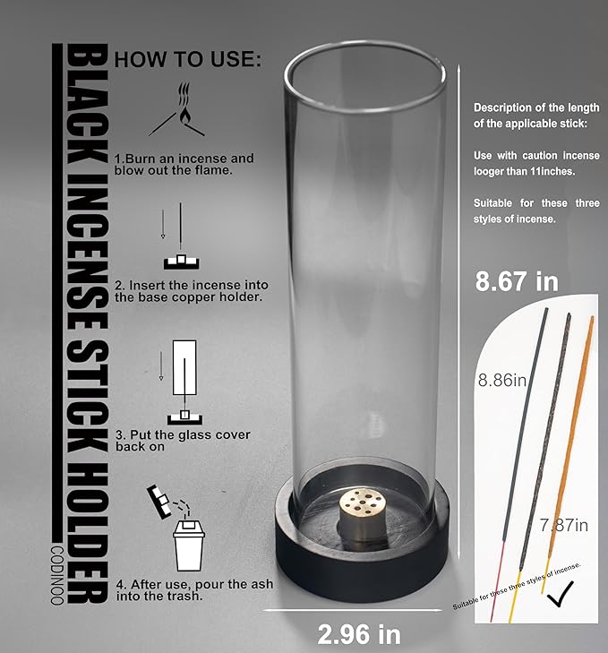 Incense Holder for Sticks,Modern Incense Stick Holder with Glass Ash Catcher[Anti ash Flying], Incense Burner Holder,Zen Glass Incense Holder,for Spa Home Decor Yoga Meditation[Black]