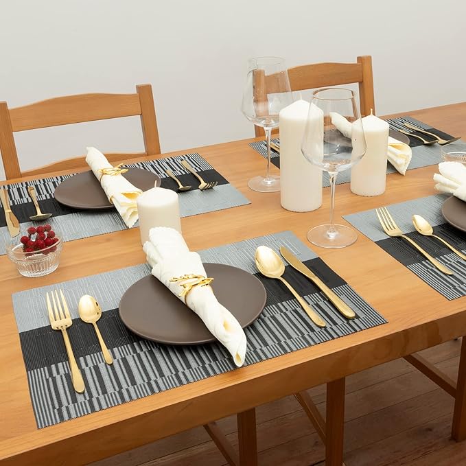 Winknowl Placemats, Set of 4 Heat Resistant Stain Resistant Non-Slip Woven Vinyl Insulation Placemats, Washable Durable Elegant Table Mats for Dining (Black)