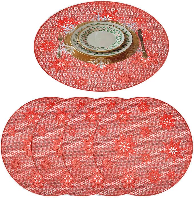 GIVERARE Placemats Set of 4, Round Heat-Resistant Vinyl Placemat, 15 inch Non-Slip Washable PVC Table Mat, Easy to Clean Premium Plastic Mats for Dining, Kitchen Table (Red Snow)