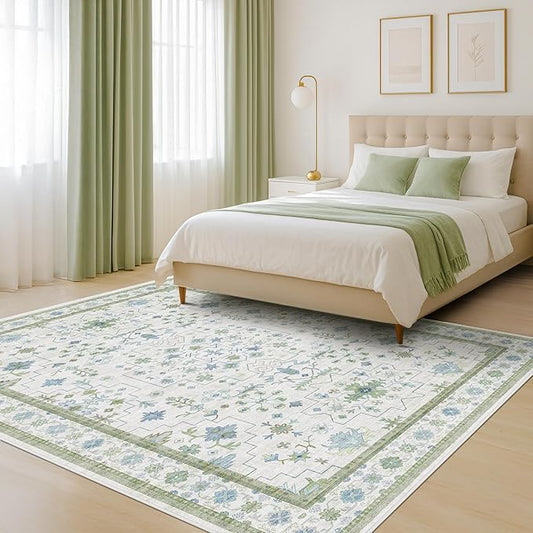 Cream Oushak 6x9 Bedroom Rug - Boho Floral Cool Blue and Green, Washable Low Pile Non-Slip Ultra-Thin Large Area Rugs for Bed Room, Living Room, Playroom