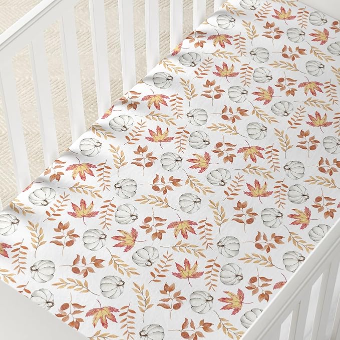 Horaldaily 2 Pack Fitted Crib Sheet for Boys Girls,Soft Breathable Washable Jersey Microfiber Baby Crib Sheet, Fits Standard Size Crib Mattress 28in x 52in, Floral Pumpkin Nursery Sheet White/Orange