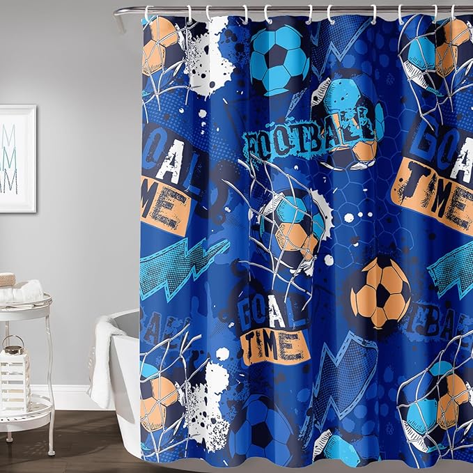 AILONEN Boys Sports Shower Curtain 36" W*72" H Soccer Bath Curtain Football Soccer Ball Printed Shower Curtain Boys Kids Teen Bathroom Curtain Decor Polyester Waterproof Curtain with 12 Hooks