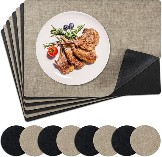 Placemats Set of 8 with Coasters Dual Sided Heat Stain Resistant Place Mats Faux Leather Table Mats Non-Slip Waterproof Oil-Proof Washable Wipeable Table Placemats for Dining Patio Table Kitchen