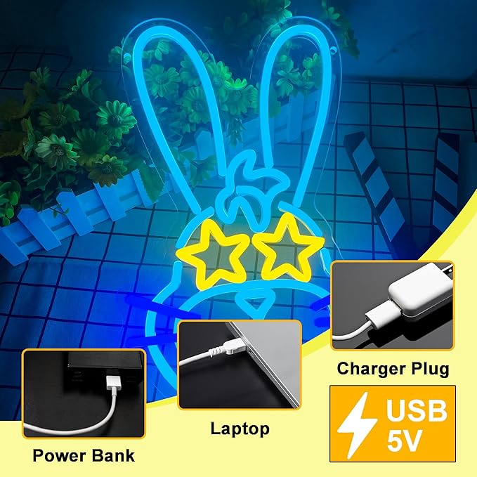 Anime Cartoon Bonnie Rabbit Neon Signs for Wall Decor,Dimmable Cartoon Bunny Neon Light,USB Powered Game Sign for Bedroom Gaming Room Man Cave Bar Birthday Gifts(10 * 16.1in)