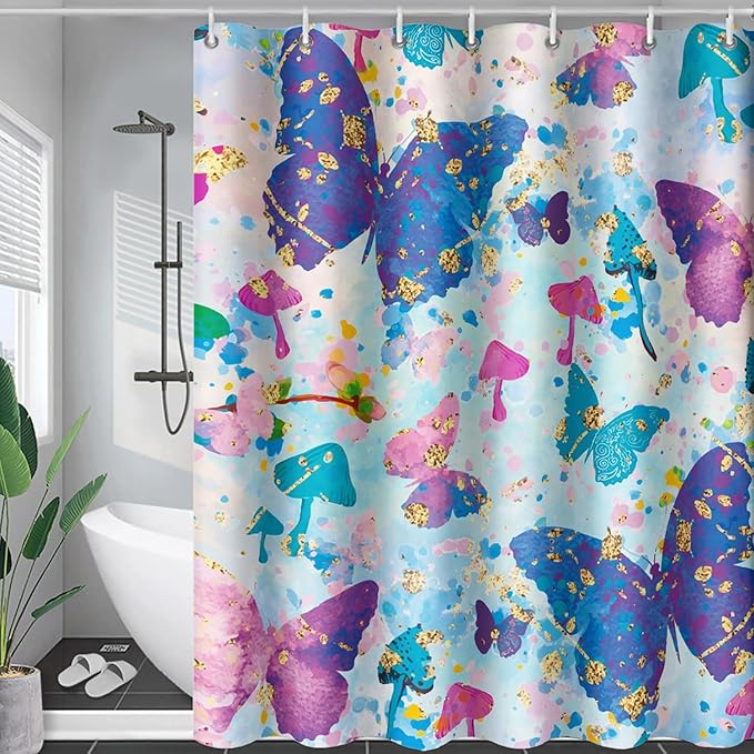 AILONEN Butterfly Shower Curtain for Bathroom, Blue Pink Tie Dye Butterfly Bath Curtain,Women Girls Bathroom Curtain,72" W*78" H Polyester Waterproof with 12 Plastic Hooks