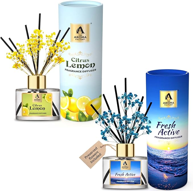 The Aroma Factory Fragrance Reed Diffuser Set with Natural Essential Oil, Aroma Sticks & Real Preserved Flowers | Luxury Home Decor Scent (Citrus Lemon & Fresh Active, 2 Pack)